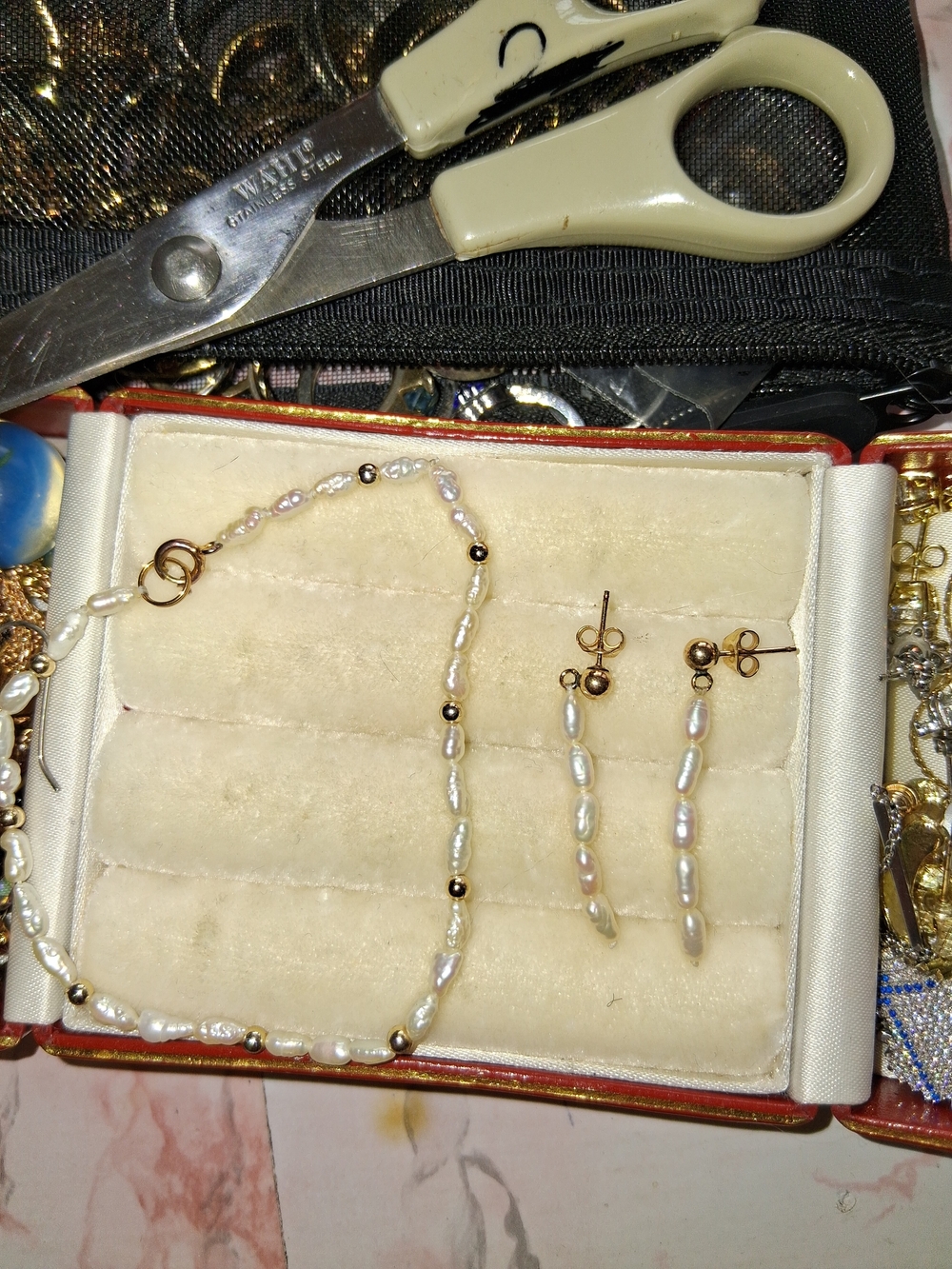 14 K Filled Freshwater Pearl and Gold Bead Jewelry Set - White Pearls